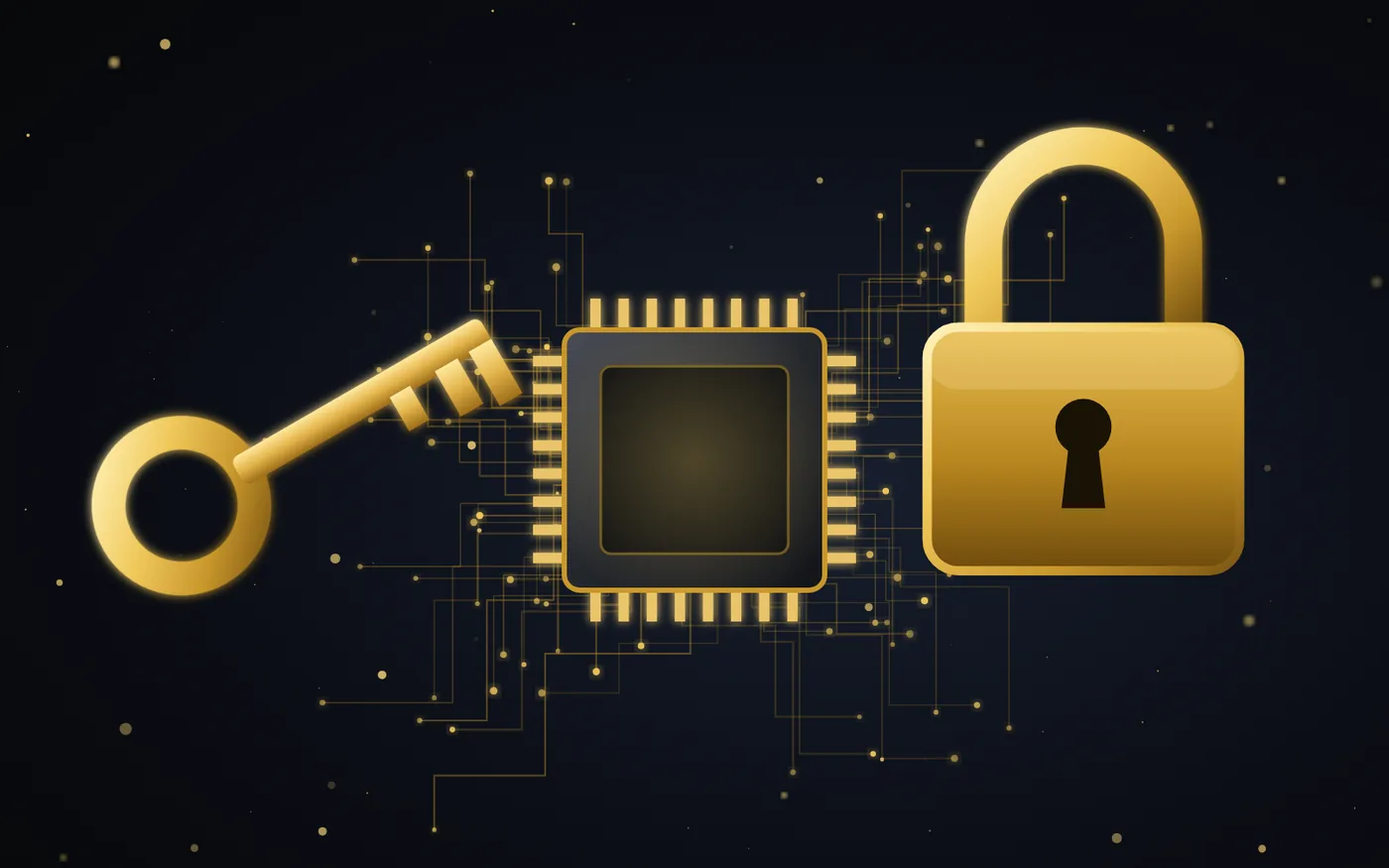 Illustration of a gold key and padlock on a circuit board